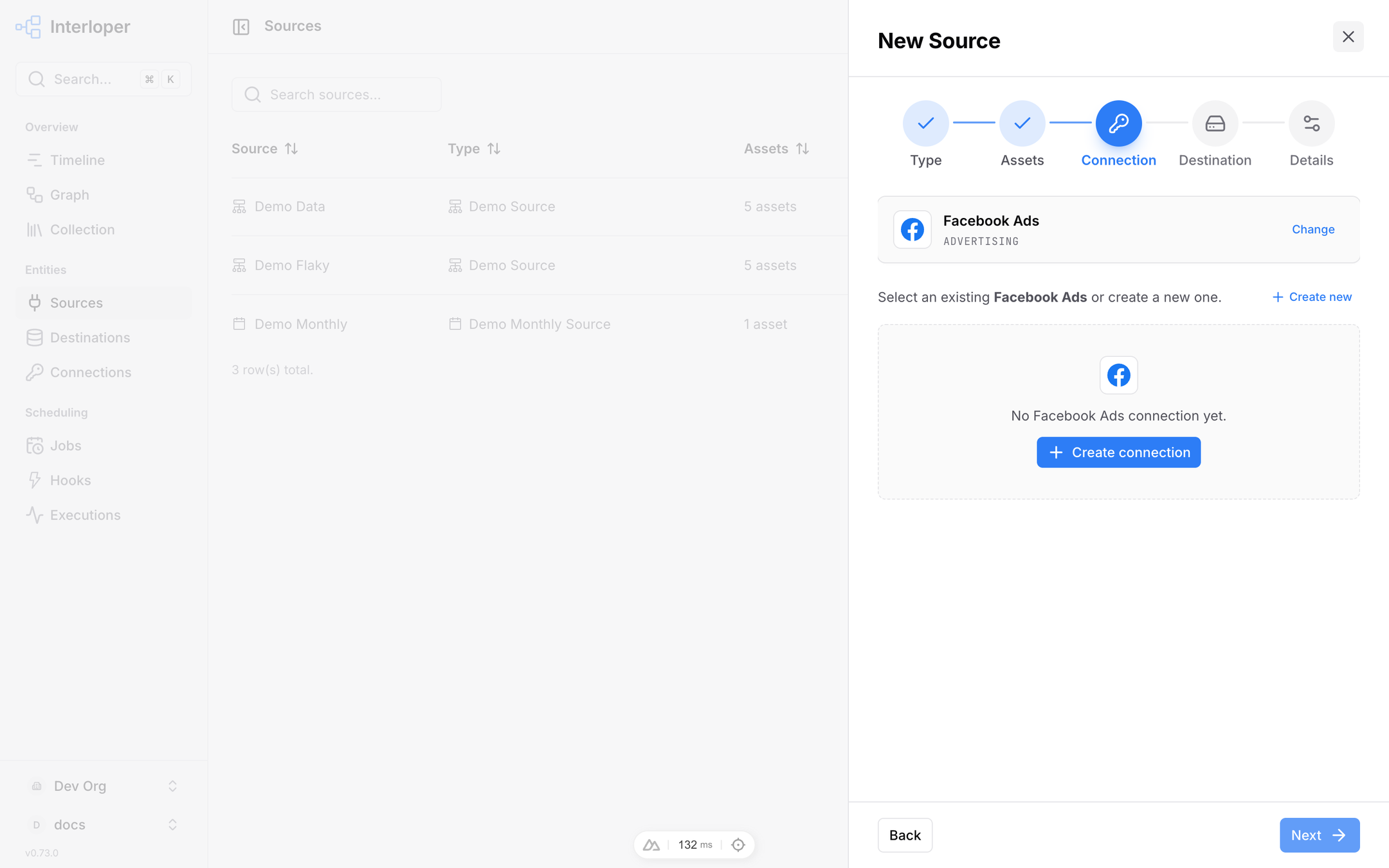 Source wizard, connection step